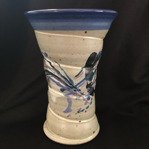 Vintage Artist Signed Cunningham Large Studio Pottery Vase - 1995 Tan Blue Mauve - Picture 3 of 13